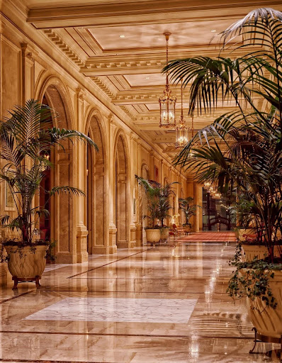 Luxury hotel lobby with marble flooring