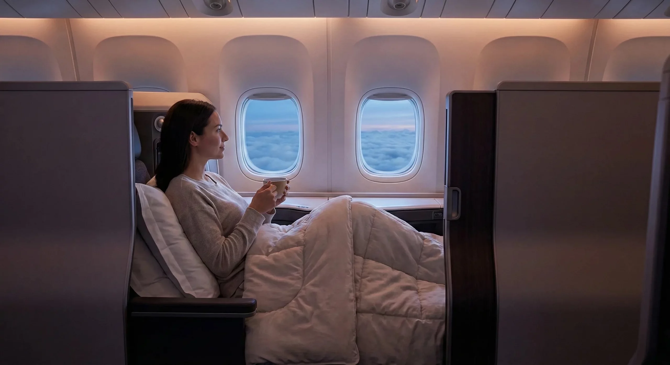 A passenger in a private business class suite relaxing against plush bedding while looking out the window at clouds during twilight.