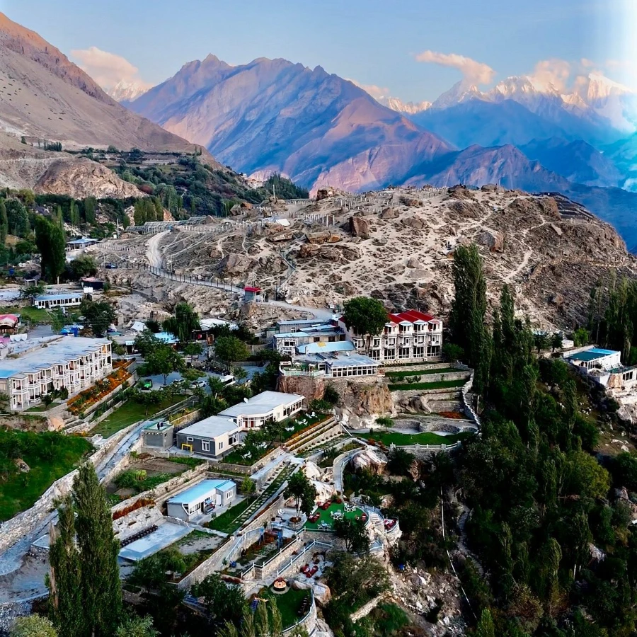 Eagle's Nest Hotel Duikar terrace with a Hunza Valley mountain view