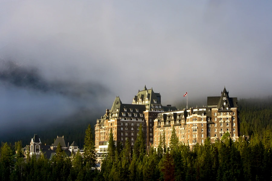 The Fairmont Banff Springs castle hotel with a mountain view
