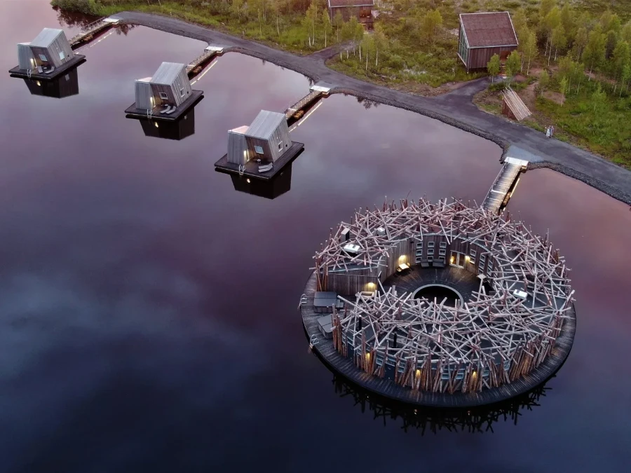 Arctic Bath Hotel Harads floating circular spa on Lule River