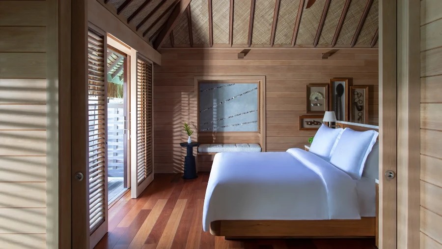 Four Seasons Bora Bora Mount Otemanu view teakwood interior