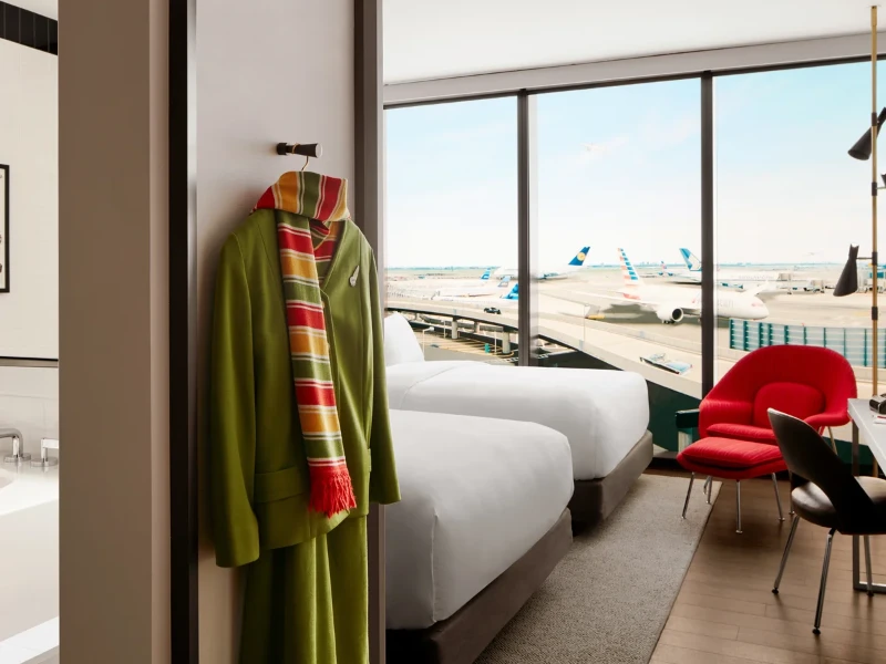 TWA Hotel JFK rooftop infinity pool runway view