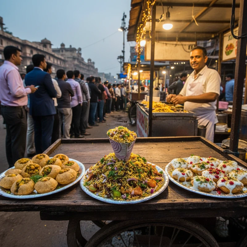Chaat pani puri street vendor in Delhi serving hollow crispy puris filled with tamarind water