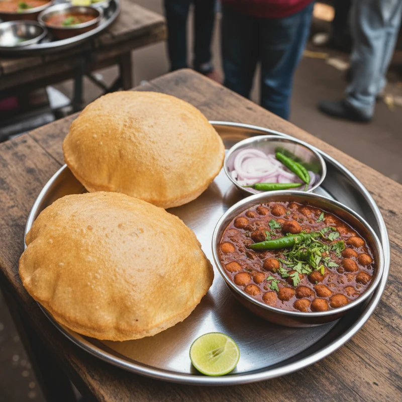 Chole bhature with puffy fried bread and spiced chickpea curry at a Delhi Karol Bagh dhaba