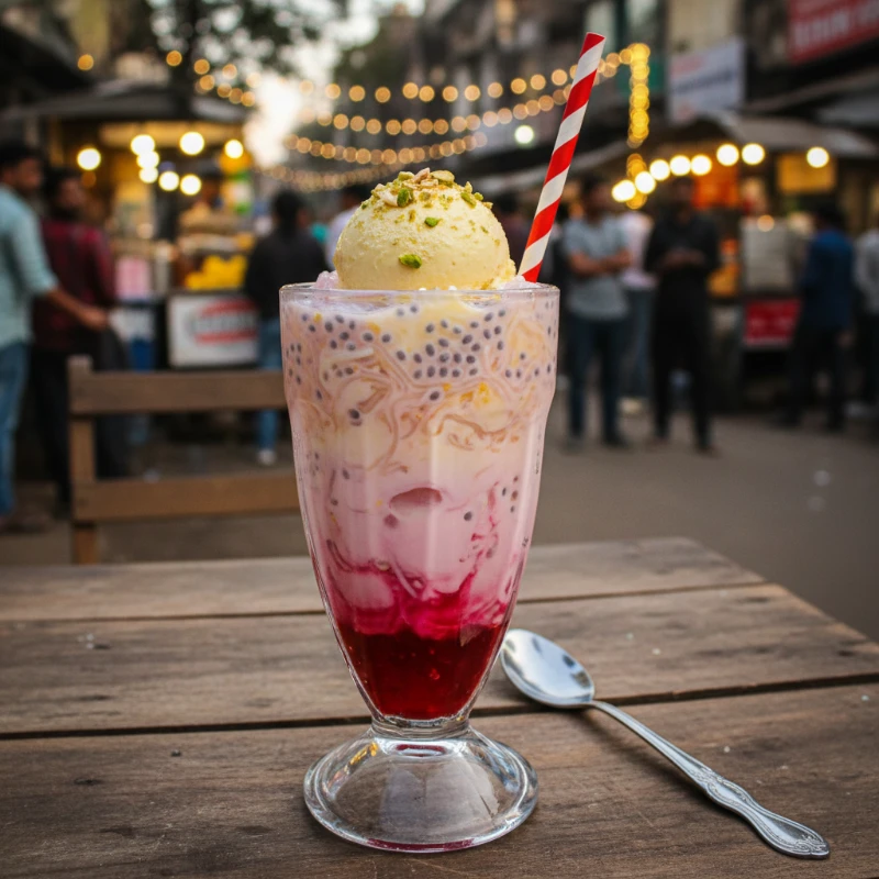Layered falooda in a tall glass with rose syrup, vermicelli, basil seeds, and kulfi ice cream