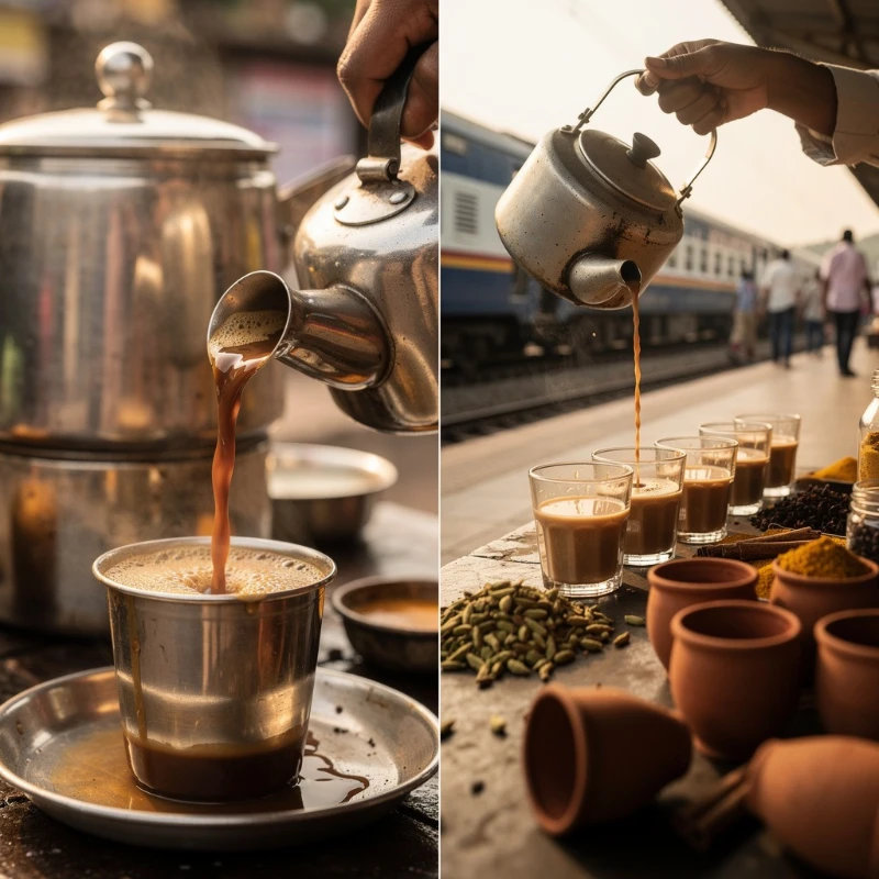 South Indian filter coffee in stainless steel tumbler next to masala chai in a clay kulhad