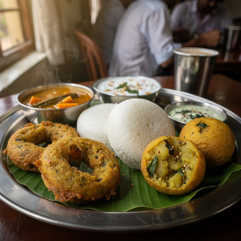 Steamed idli, crispy medu vada, and fried bonda served with sambar and coconut chutney