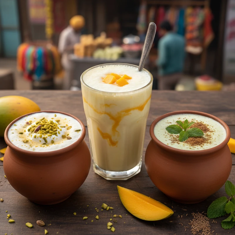 Sweet lassi topped with clotted cream and pistachios served in a clay kulhad in Varanasi