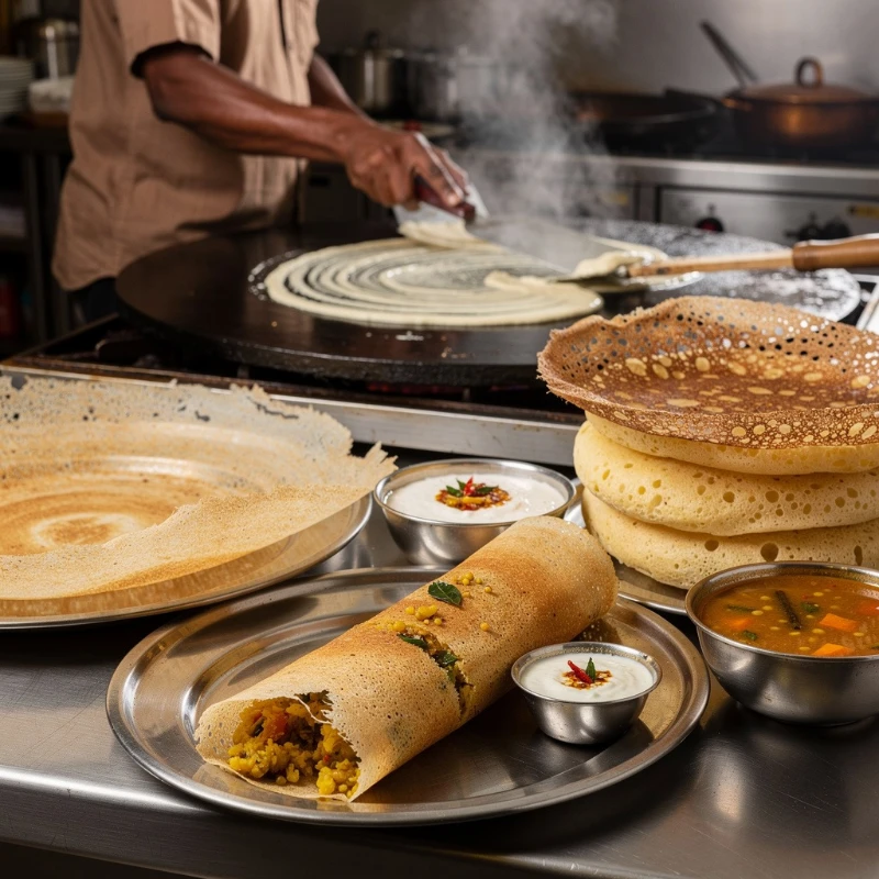 Golden crispy masala dosa served on a banana leaf with sambar and coconut chutney in Bangalore