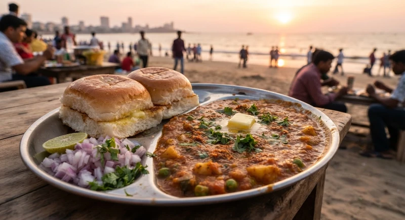 Pav bhaji with buttered pav bread and spiced vegetable curry at a Mumbai Juhu Beach stall