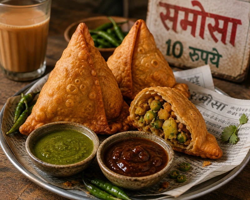 Golden crispy samosas fresh from the fryer at a Delhi Chandni Chowk snack shop