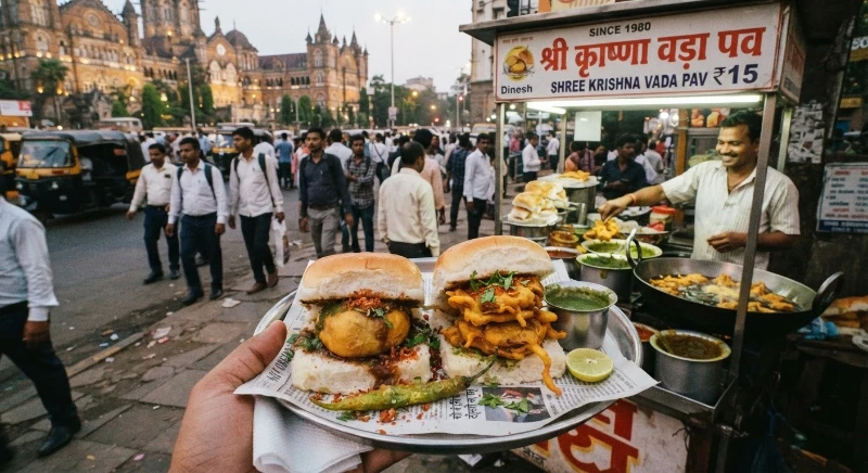 Vada pav sandwich with spicy potato fritter and green chutney sold on a Mumbai street cart